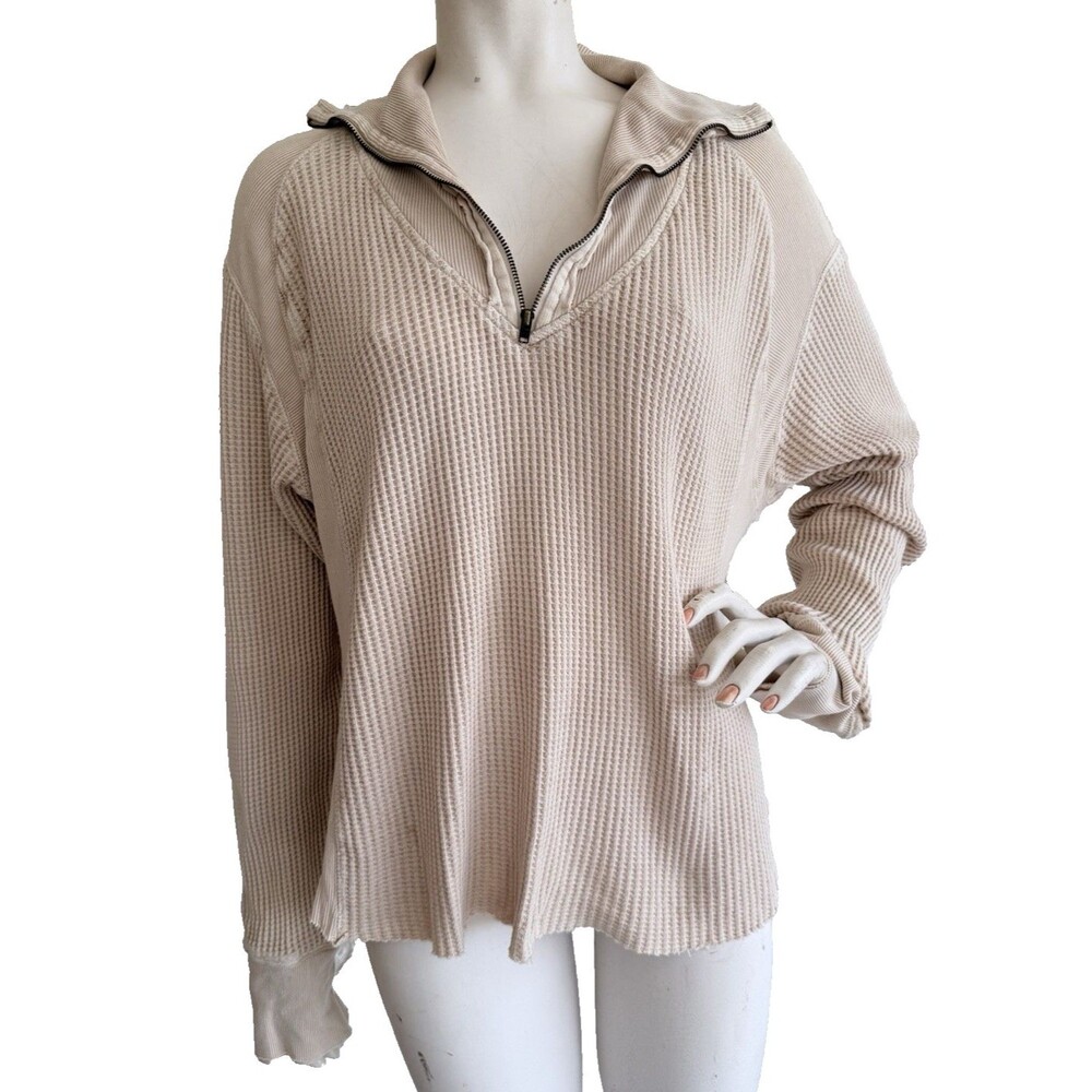 FREE PEOPLE Waffle Knit Long Sleeve Light Tan Top Lounge Athleisure w/Flaw L